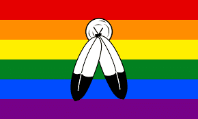 Two-Spirit flag representing indigenous people who identify as transgender, non binary, or gender fluid credit: Wikipedia